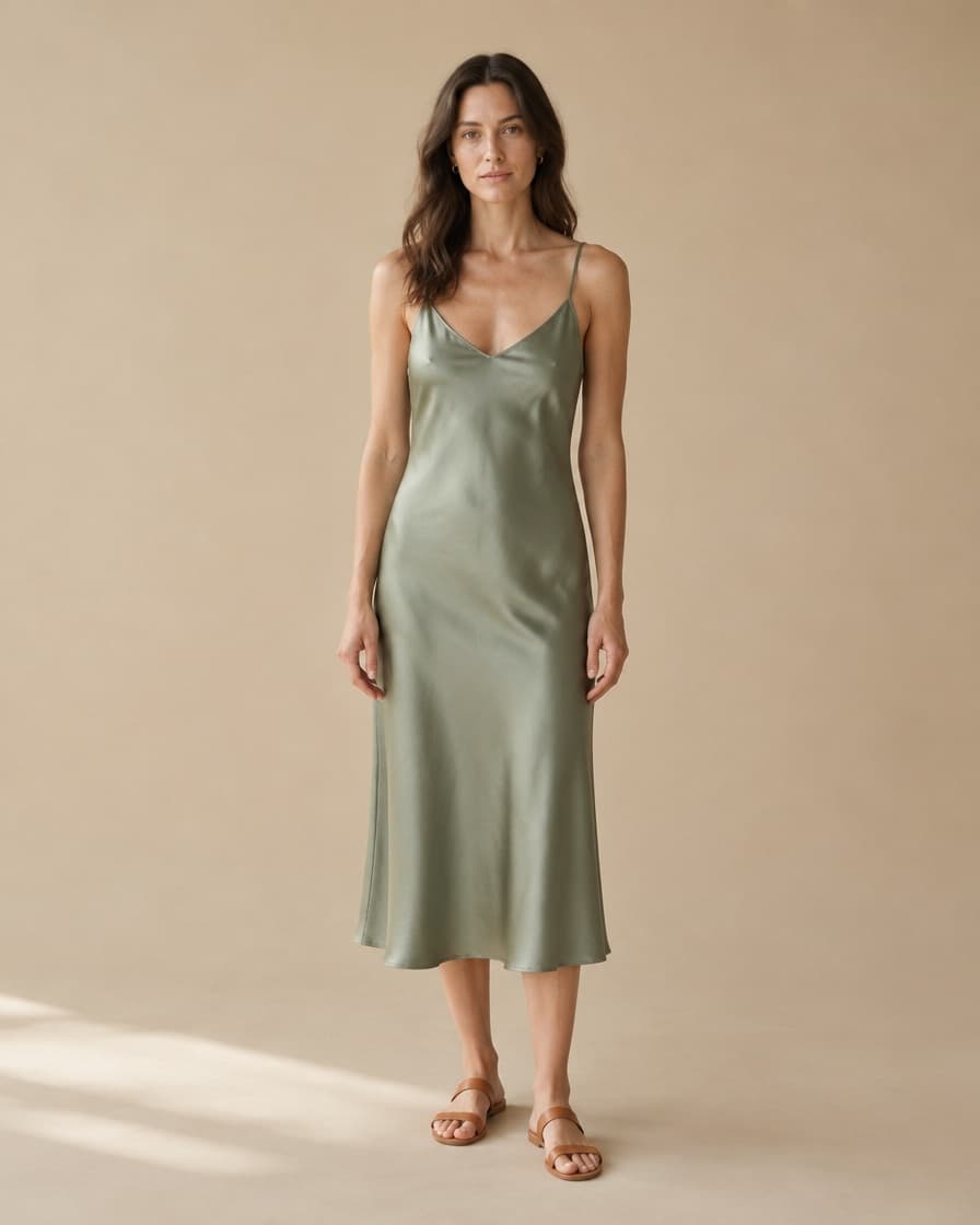 A woman standing full length in a sage-green satin slip midi dress and tan sandals