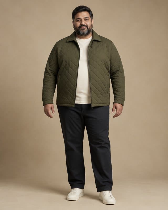 A wool coat shown on a person against a warm seamless backdrop