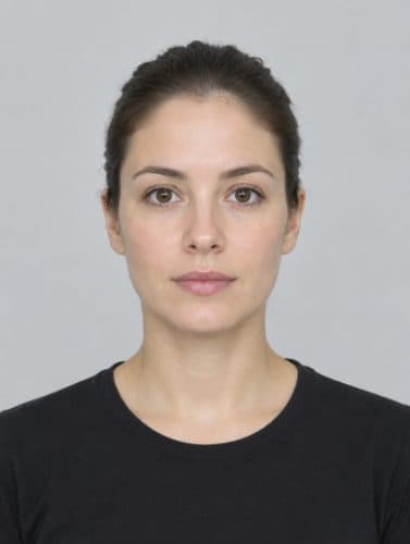 Example pose: head and shoulders, facing forward, hair back from the face