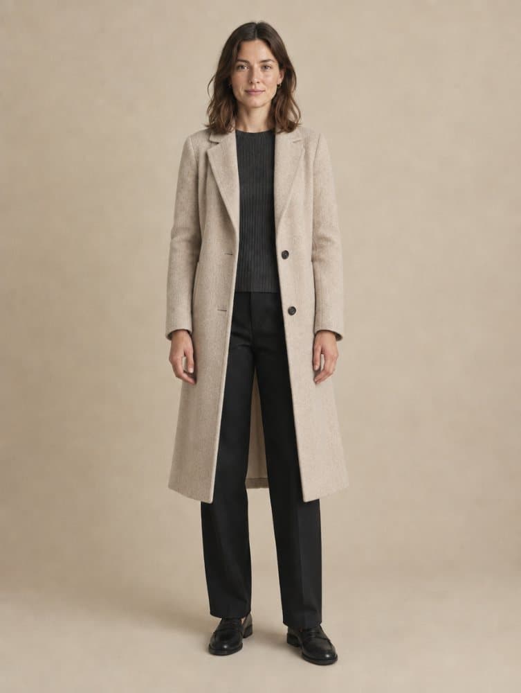 The same woman with a boiled wool overcoat fitted onto her